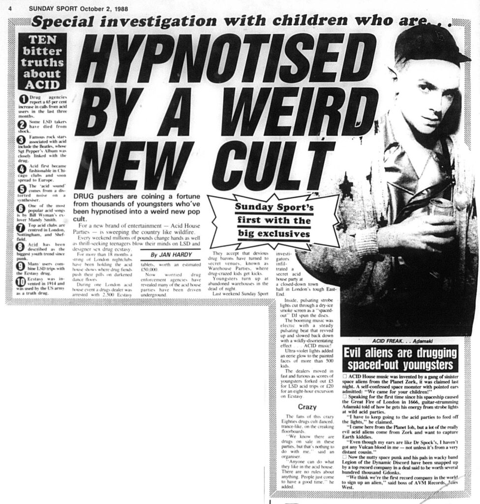 Newspaper cutting from the Sunday Sport with negative coverage of the Hypnosis rave in Orford Road